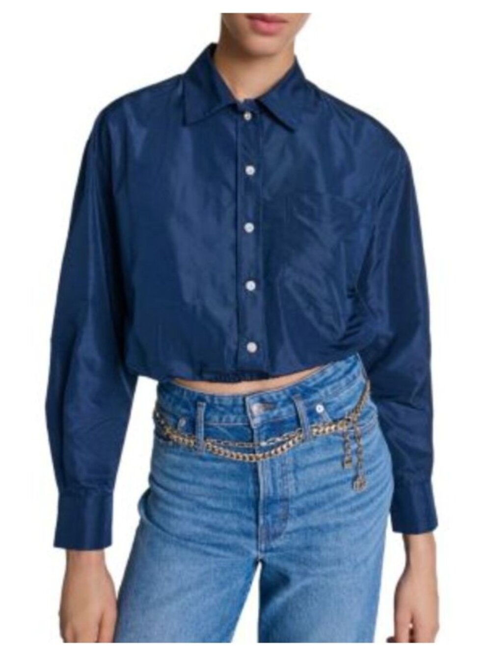 NWT MAJE Ceta Cropped Crystal Embellished Button Down Shirt Marine Size 0